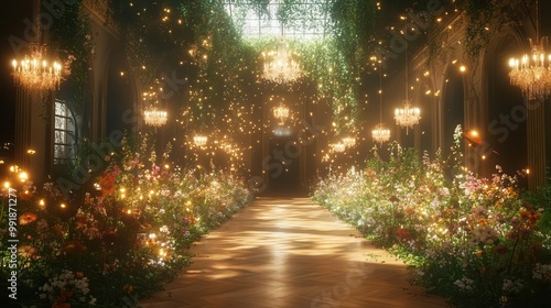 grandiose ballroom transforming into a whimsical forest glade chandeliers morphing into ethereal fireflies parquet floor blooming with wildflowers magical realism