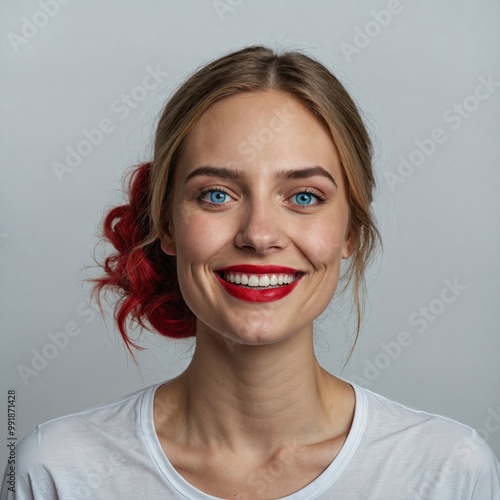 Smiling woman with bright red lipstick against neutral background, beauty product ad banner