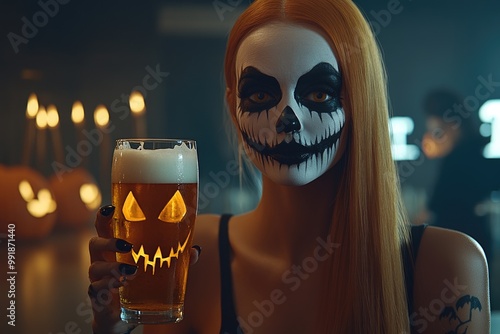 Spooky halloween: woman with skull makeup holding pumpkin mug in candlelit glow photo