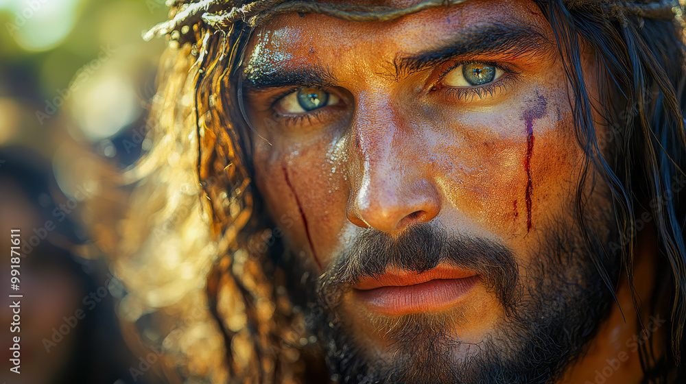 A dramatic close-up of Jesus Christ wearing a crown of thorns, with blood and sweat on his face, symbolizing sacrifice and faith.. A dramatic close-up of Jesus Christ wearing a crown of thorns, with blood and sweat on his face, symbolizing sacrifice and faith..