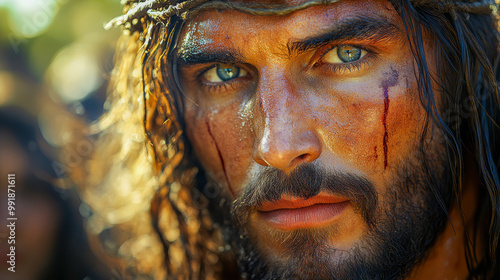 A dramatic close-up of Jesus Christ wearing a crown of thorns, with blood and sweat on his face, symbolizing sacrifice and faith..