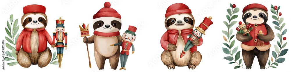 Cute sloths in festive outfits with toys and greenery, ideal for holiday-themed decorations. Cute sloths in festive outfits with toys and greenery, ideal for holiday-themed decorations.