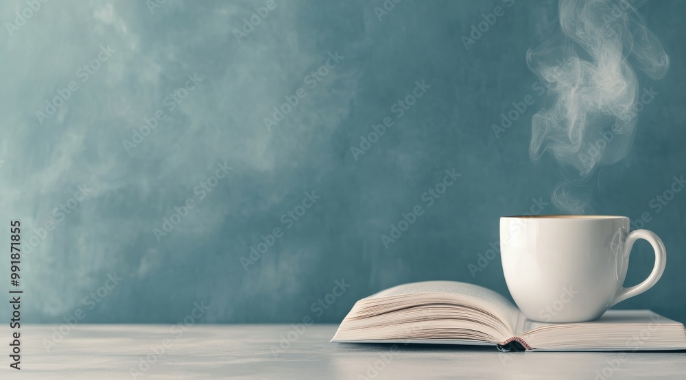 A steaming cup of coffee sits on an open book against a soft blue background in a cozy setting A steaming cup of coffee sits on an open book against a soft blue background in a cozy setting