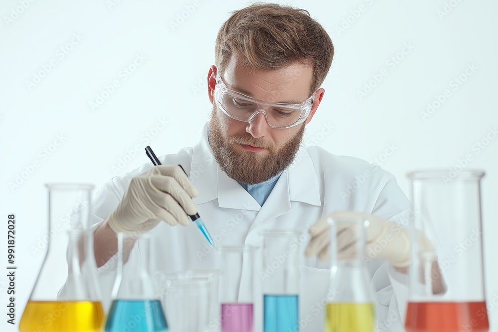 A male scientist with protective goggles and gloves carefully pipettes liquid into test tubes in a laboratory, surrounded by colorful chemical solutions A male scientist with protective goggles and gloves carefully pipettes liquid into test tubes in a laboratory, surrounded by colorful chemical solutions