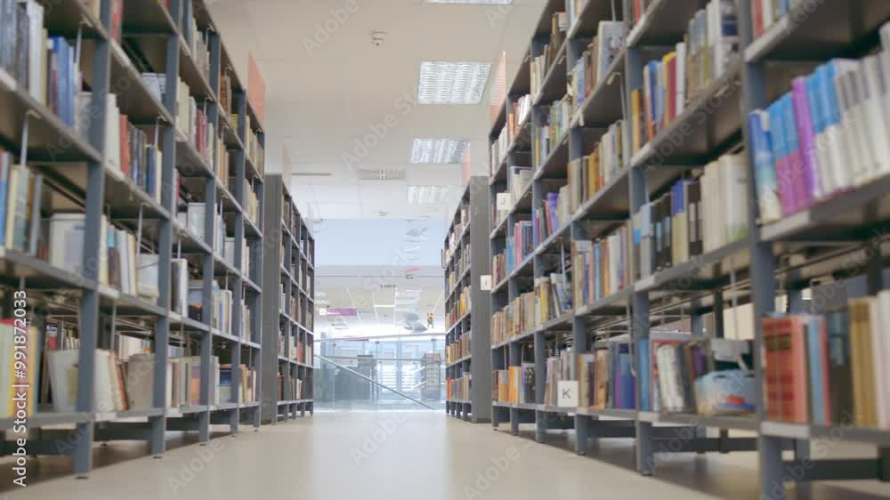Wide low angle dolly shot of an empty public library at daytime.
Wide low angle dolly shot of an empty public library at daytime.