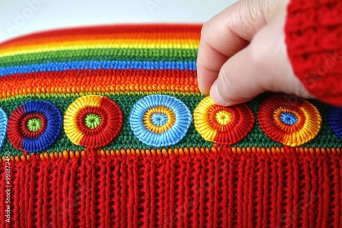 Colorful handcrafted textile with intricate patterns and vibrant circular designs photo