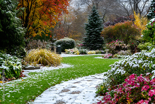 Beautiful garden pathway covered in light snow, winter garden scenery, colorful autumn foliage, snowy landscape, serene garden view, green lawn, nature photography, seasonal beauty

 photo