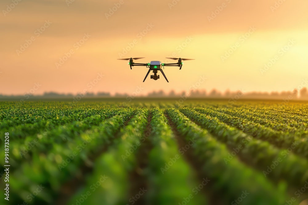 Drone flying over a green agricultural field during sunset Drone flying over a green agricultural field during sunset