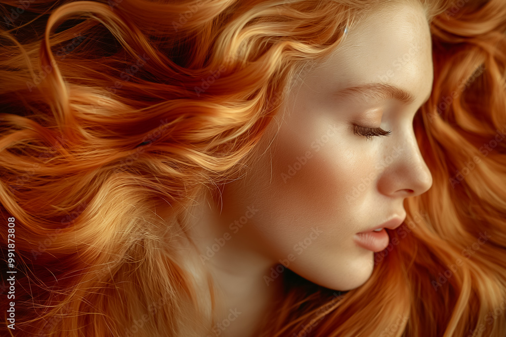 Naklejka premium A young woman relaxes with her eyes closed, highlighting her radiant skin and cascading orange hair. The gentle curves of her face evoke a sense of peace and calm