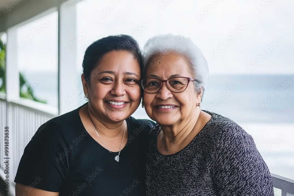 Mother and daughter embracing outdoors by the ocean with smiling faces Mother and daughter embracing outdoors by the ocean with smiling faces