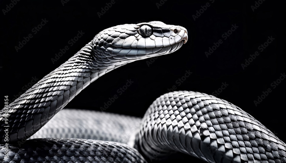 Fototapeta premium A black and white photorealism python isolated on a black background. copy space.