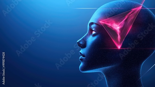 Futuristic profile of a digital head with neon accents on a blue background.