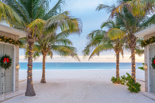 A picturesque tropical beach entrance adorned with Christmas wreaths and festive lights. The calm ocean and pristine sand create a peaceful holiday atmosphere. Ideal for tropical Christmas concepts