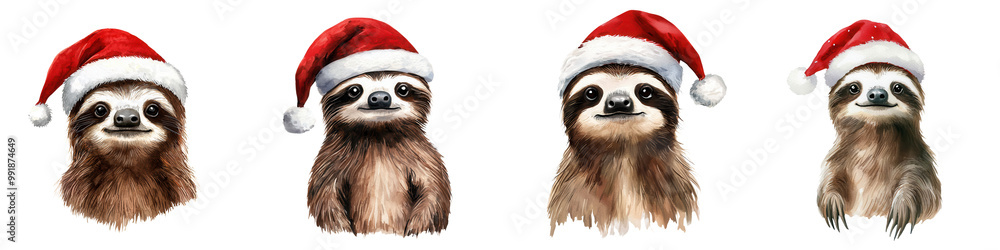 Four adorable sloths wearing Santa hats against a white isolate background. Four adorable sloths wearing Santa hats against a white isolate background.