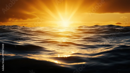 Golden sunrise over calm ocean waves, illuminated reflections on water surface, serene nature scene.