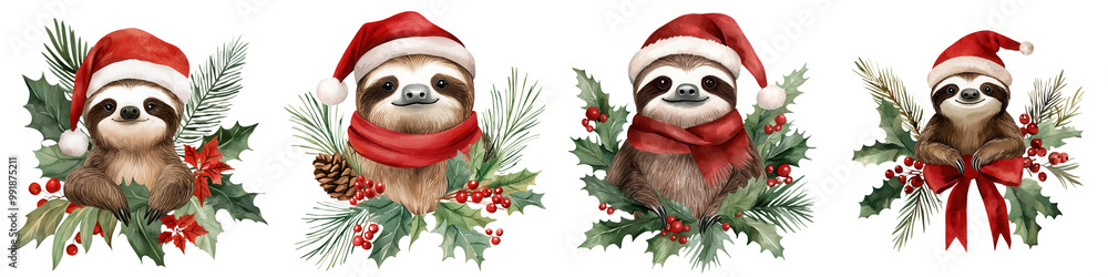 Four cute sloths in holiday attire surrounded by festive greenery on a white isolated background. Four cute sloths in holiday attire surrounded by festive greenery on a white isolated background.