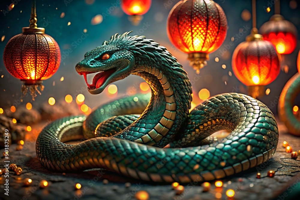 Chinese horoscope. Happy New Year 2025. The symbol of the year is a green snake on a background of red Chinese lanterns. A poster or banner for a party and New Year's Eve. Chinese horoscope. Happy New Year 2025. The symbol of the year is a green snake on a background of red Chinese lanterns. A poster or banner for a party and New Year's Eve.