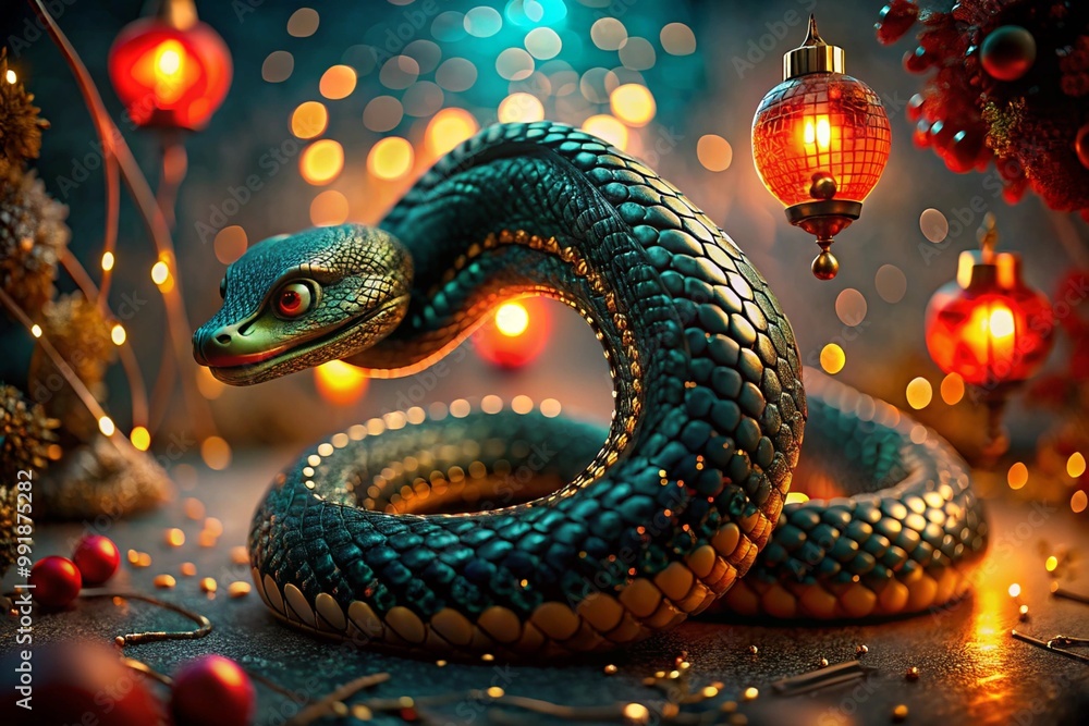 Chinese horoscope. Happy New Year 2025. The symbol of the year is a green snake on a background of red Chinese lanterns. A poster or banner for a party and New Year's Eve. Chinese horoscope. Happy New Year 2025. The symbol of the year is a green snake on a background of red Chinese lanterns. A poster or banner for a party and New Year's Eve.