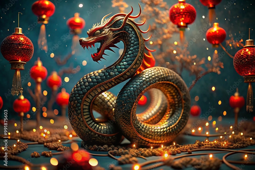 Chinese horoscope. Happy New Year 2025. The symbol of the year is a green snake on a background of red Chinese lanterns. A poster or banner for a party and New Year's Eve. Chinese horoscope. Happy New Year 2025. The symbol of the year is a green snake on a background of red Chinese lanterns. A poster or banner for a party and New Year's Eve.