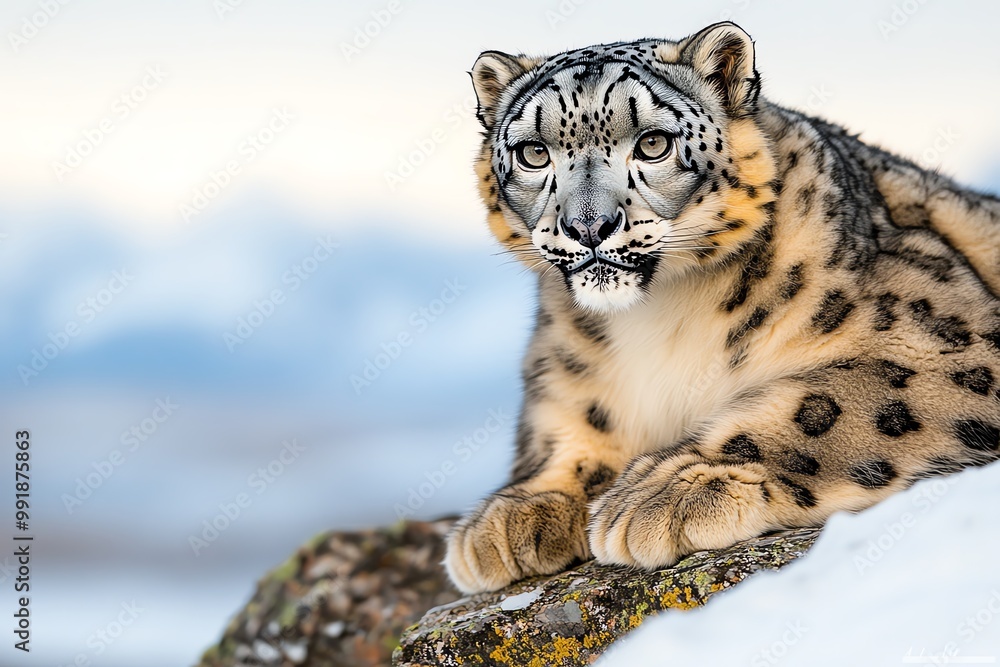 A snow leopard perched on a rocky ledge, watching over the frozen mountain landscape with sharp, attentive eyes A snow leopard perched on a rocky ledge, watching over the frozen mountain landscape with sharp, attentive eyes