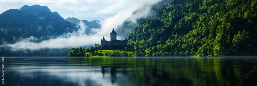 Fototapeta premium A majestic castle stands on a misty island surrounded by lush greenery and a tranquil lake, representing peace, isolation, history, and wonder.