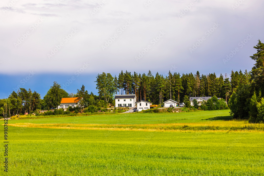 Countryside view with houses and green fields under cloudy sky near forest. Sweden. Countryside view with houses and green fields under cloudy sky near forest. Sweden.