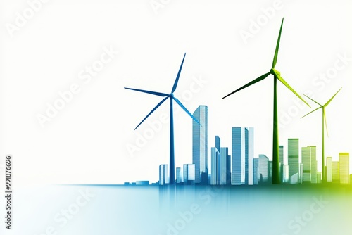 Modern wind turbines with a city skyline in the background, emphasizing renewable energy and sustainability.