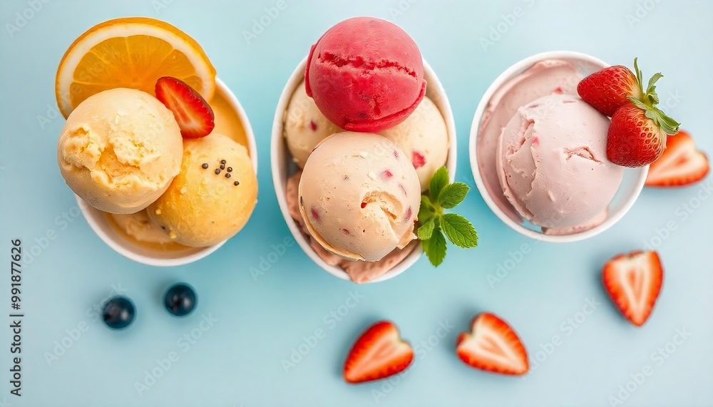 Set of fruity ice cream scoops in bowl from top view isolated on pastel blue background, summer dessert refreshment, Close-up of dessert in plate on table created with generative ai Set of fruity ice cream scoops in bowl from top view isolated on pastel blue background, summer dessert refreshment, Close-up of dessert in plate on table created with generative ai