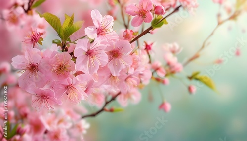 Serene spring floral backdrop featuring blooming pink cherry blossoms in soft focus, embodying natures beauty and renewal with spacious areas for text.