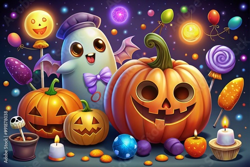 Vector Halloween set of cute pumpkins and Halloween decorations. Holiday background with carving pumpkins, ghost, Halloween candies and text “Sweet and spooky”. Cartoon characters. Sticker sheet.