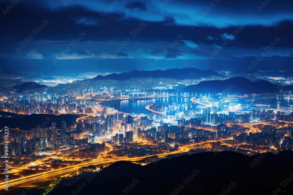 Naklejka premium Night Cityscape: A Breathtaking View of City Lights