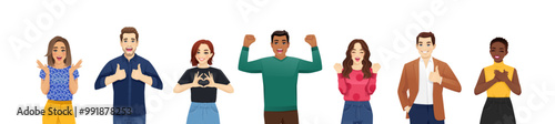 Happy young positive people with different gestures set. Group of men and women showing expressions. Vector illustration isolated 