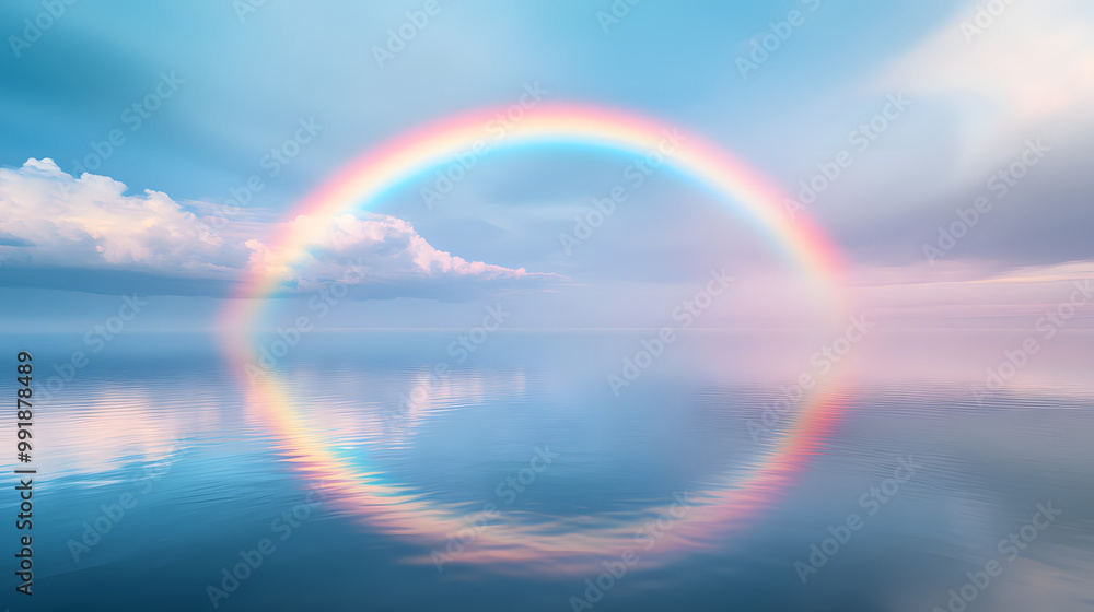 Vivid Rainbow Reflecting Over Calm Lake Vivid Rainbow Reflecting Over Calm Lake