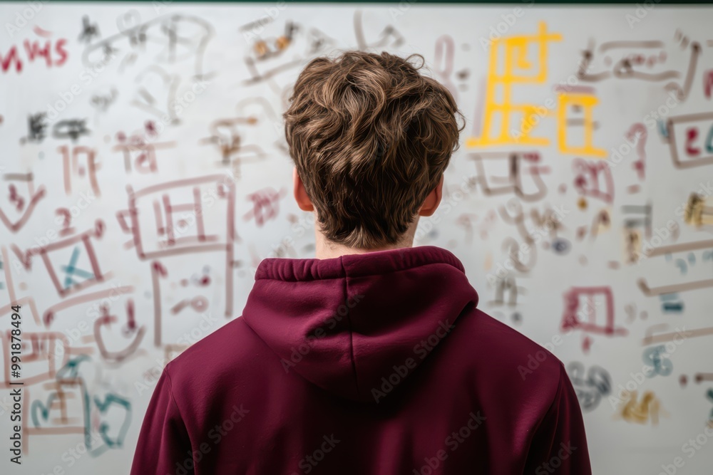 Student observing drawings on a wall, deep in thought, wearing a maroon hoodie.