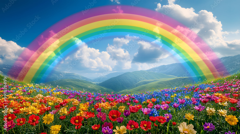 Vibrant Rainbow Over a Field of Wildflowers Vibrant Rainbow Over a Field of Wildflowers