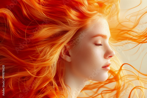 The young woman closes her eyes, showcasing flowing, vivid orange hair. Her serene expression contrasts beautifully with the bright background, embodying a sense of tranquility