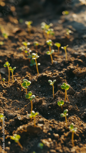 Newly sprouted seedlings basking in sunlight after a light rain in a fertile garden during early spring photo