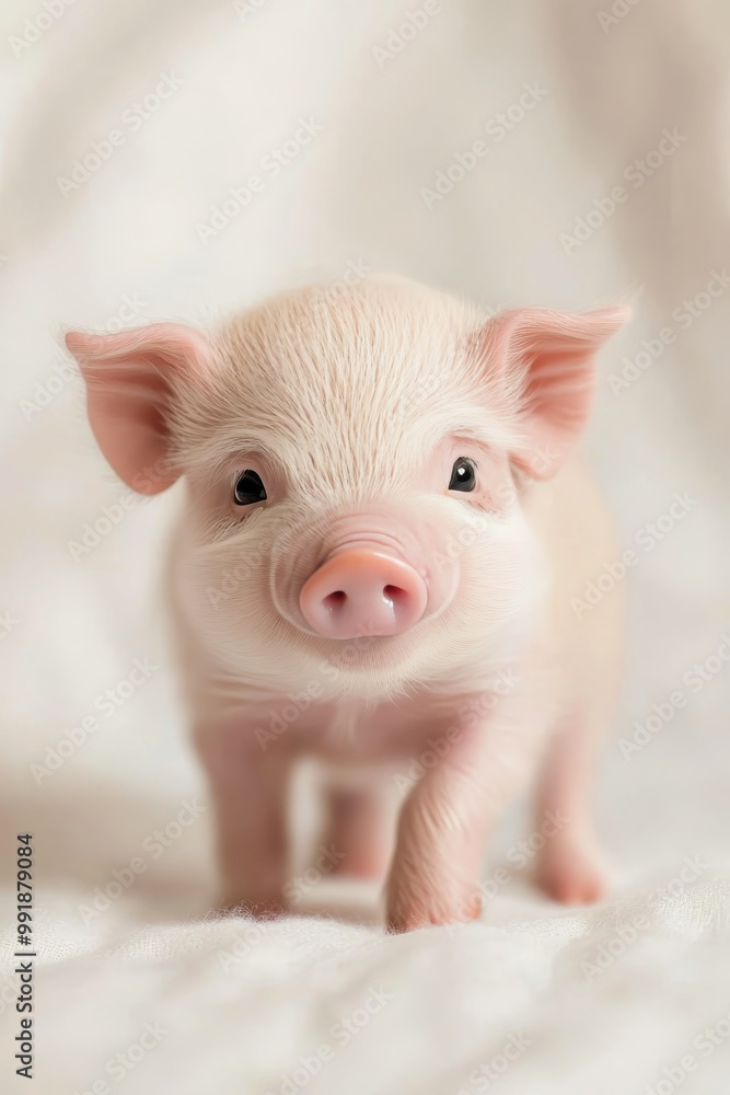 Happy piglet exploring a bright, cozy indoor space on a soft surface Happy piglet exploring a bright, cozy indoor space on a soft surface
