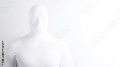 Abstract Photograph of Person in White Suit with Blurred Facial Features in Minimalist White Background. Generative AI