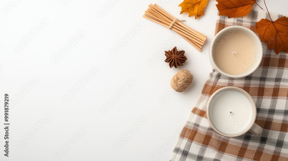 A cozy display of aroma sticks and candles surrounded by dried autumn leaves invites relaxation A cozy display of aroma sticks and candles surrounded by dried autumn leaves invites relaxation