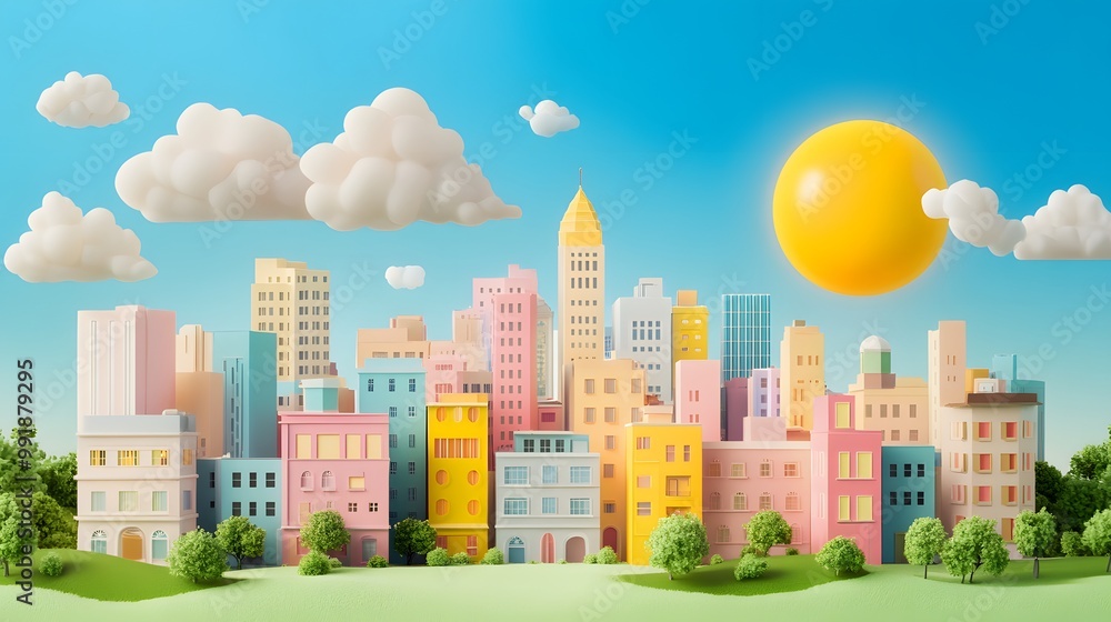 Fototapeta premium 3D illustration of an urban scene, mixing realistic and fantastical elements, bright colors
