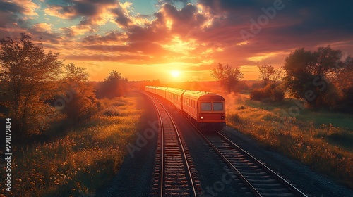 A train travels through a countryside landscape at sunset.