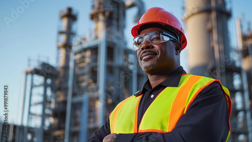 Senior black Engineer wearing glasses helmet and safety vest in front of an industrial power plant or factory. Experienced, highly educated afro american civil or industrial engineer. Middle-aged man,