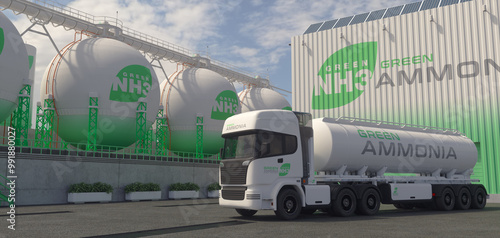 Green ammonia generating plant. Tanks and truck. Realistic 3D render.