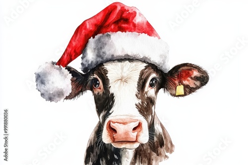 A charming watercolor illustration of a cow wearing a Santa hat, perfect for Christmas cards, decorations, and festive designs. The cow's playful expression evokes joy and warmth, symbolizing Christma