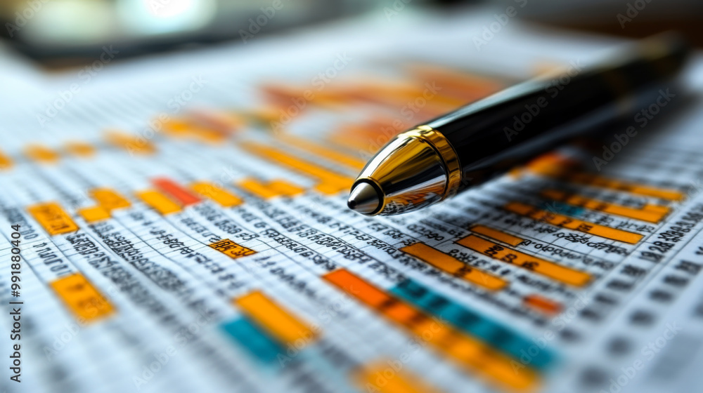 Fototapeta premium A close-up view of a pen resting on colorful business graphs and charts during a financial analysis session at a desk