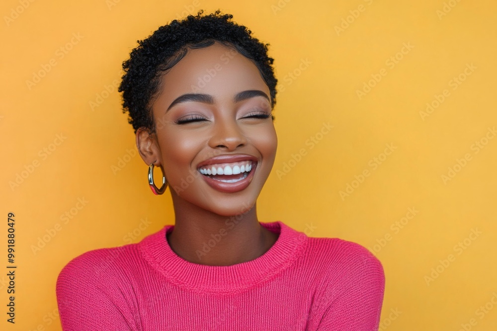 Happy optimistic African American woman in colorful pink clothes laughing isolated on yellow background Happy optimistic African American woman in colorful pink clothes laughing isolated on yellow background
