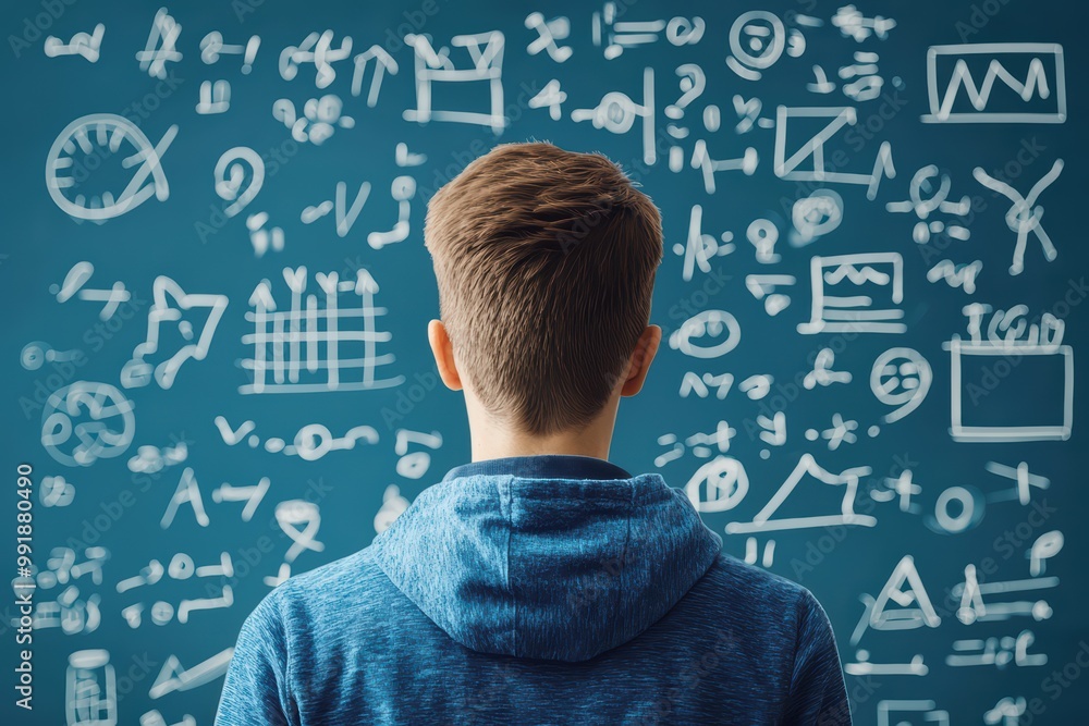 Young person contemplating mathematical equations and scientific diagrams on a chalkboard. Young person contemplating mathematical equations and scientific diagrams on a chalkboard.