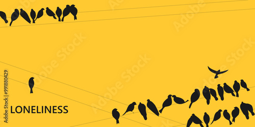 concept loneliness, melancholy, depression, being alone, being an outcast in society. flocks of birds sit on wires
