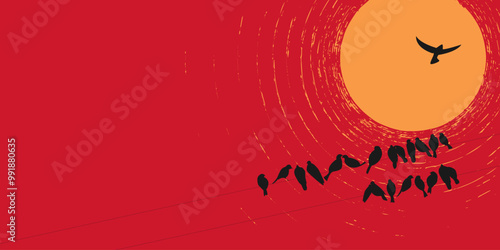 concept freedom, flight, breaking barriers, liberation, victory. A bird flies away from the flock against the backdrop of the sunset